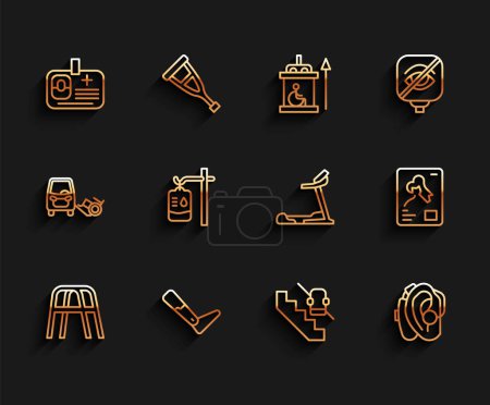 Illustration for Set line Walker, Prosthesis leg, Identification badge, Disabled elevator, Hearing aid, IV bag, X-ray shots and Treadmill machine icon. Vector - Royalty Free Image