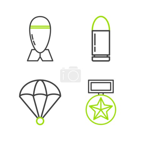 Illustration for Set line Military reward medal, Parachute, Bullet and Aviation bomb icon. Vector - Royalty Free Image