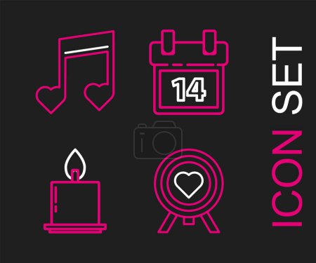Ilustración de Set line Heart in the center of darts target aim Burning candle Calendar with February 14 and Music note tone hearts icon. Vector. - Imagen libre de derechos