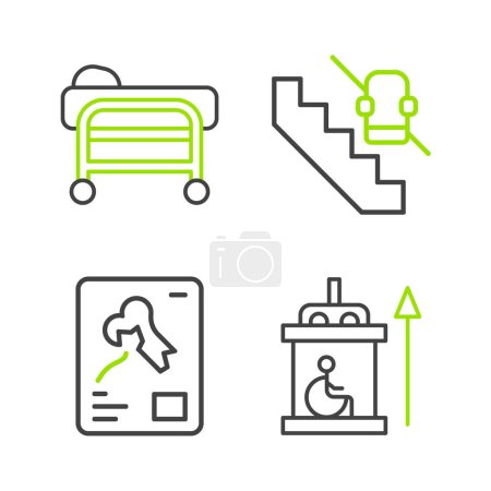 Illustration for Set line Elevator for disabled, X-ray shots, Disabled elevator and Stretcher icon. Vector - Royalty Free Image