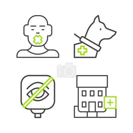 Illustration for Set line Medical hospital building Blindness Guide dog and Head of deaf and dumb icon. Vector. - Royalty Free Image