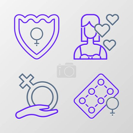 Illustration for Set line Packaging of birth control pills, Female gender, Love yourself and Gender shield, icon. Vector - Royalty Free Image