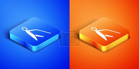 Illustration for Isometric Blind human holding stick icon isolated on blue and orange background. Disabled human with blindness. Square button. Vector. - Royalty Free Image