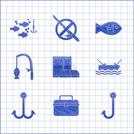 Ilustración de Set Fishing boots, Case or box container for wobbler and gear fishing equipment, hook, boat with rod water,  and under icon. Vector - Imagen libre de derechos