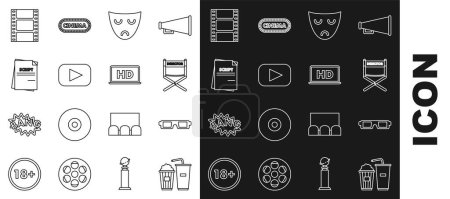 Téléchargez les illustrations : Set line Popcorn and soda drink glass, 3D cinema glasses, Director movie chair, Drama theatrical mask, Play, Scenario, Video and Laptop screen with HD video technology icon. Vector - en licence libre de droit