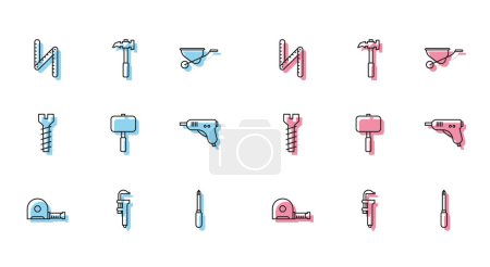 Illustration for Set line Roulette construction, Calliper or caliper and scale, Folding ruler, Screwdriver, Sledgehammer, Electric hot glue gun, Metallic screw and Claw icon. Vector - Royalty Free Image