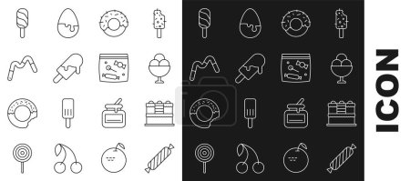 Téléchargez les illustrations : Set line Candy, Cake, Ice cream in bowl, Donut, Jelly worms candy,  and packaging for sweets icon. Vector - en licence libre de droit