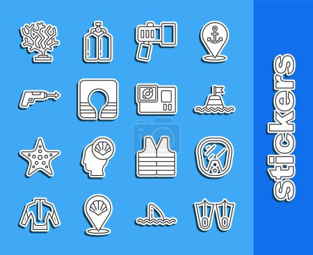 Illustration for Set line Rubber flippers, Diving mask, Floating buoy on the sea, Flashlight, Life jacket, Fishing harpoon, Coral and Action camera icon. Vector - Royalty Free Image