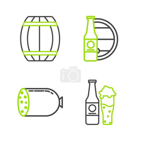 Téléchargez les illustrations : Set line Bouteille de bière et verre, saucisse de salami, tonneau en bois et icône en bois. Vecteur - en licence libre de droit