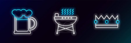 Illustration for Set line Crown, Wooden beer mug and Barbecue grill icon. Glowing neon. Vector - Royalty Free Image