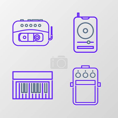 Téléchargez les illustrations : Set line Guitar pedal, Music synthesizer, player and tape icon. Vector - en licence libre de droit