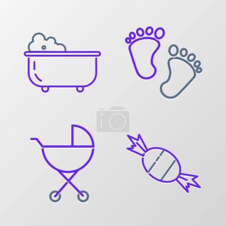 Illustration for Set line Candy, Baby stroller, footprints and bathtub icon. Vector - Royalty Free Image