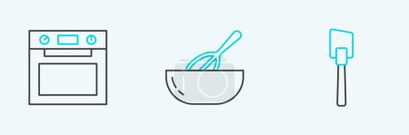 Téléchargez les illustrations : Set line Spatula, Oven and Kitchen whisk and bowl icon. Vector - en licence libre de droit