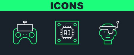 Illustration for Set line Smart glasses, Remote control and Processor with microcircuits CPU icon. Vector - Royalty Free Image