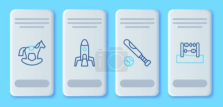 Illustration for Set line Rocket ship, Baseball bat with ball, Horse in saddle swing and Abacus icon. Vector - Royalty Free Image