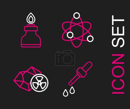 Illustration for Set line Pipette, Radioactive, Atom and Alcohol or spirit burner icon. Vector - Royalty Free Image