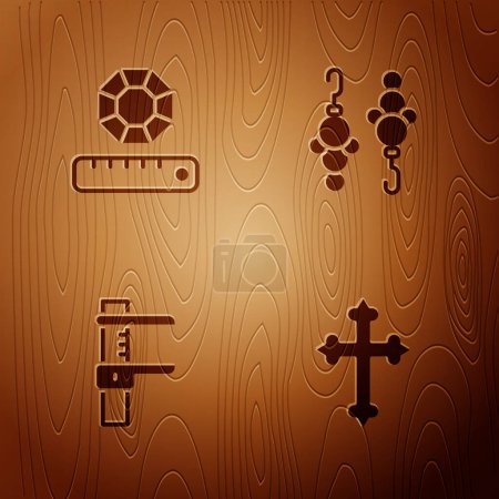 Illustration for Set Christian cross, Gem stone, Calliper or caliper and scale and Earrings on wooden background. Vector - Royalty Free Image