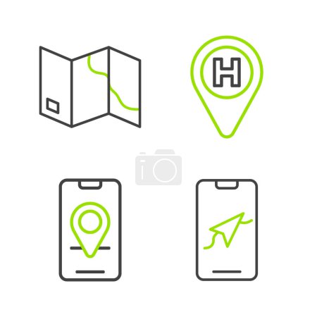Illustration for Set line City map navigation, Helicopter landing pad and Folded icon. Vector - Royalty Free Image