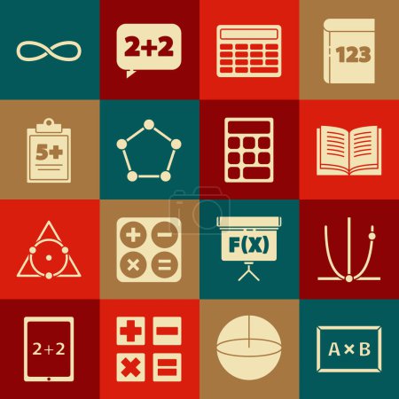 Illustration for Set Chalkboard, Graph, schedule, chart, diagram, Open book, Calculator, Geometric figure Pentagonal prism, Test exam sheet, Infinity and  icon. Vector - Royalty Free Image