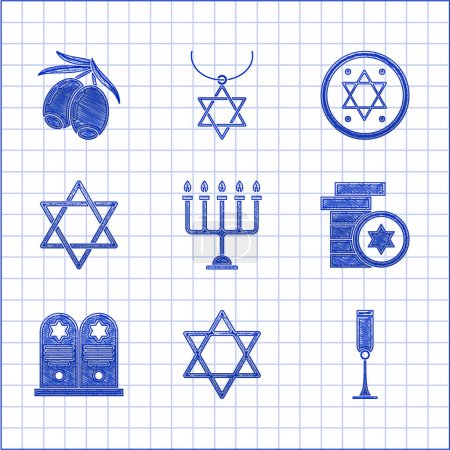 Illustration for Set Hanukkah menorah, Star of David, Jewish goblet, coin, Tombstone with star david,  and Olives branch icon. Vector - Royalty Free Image