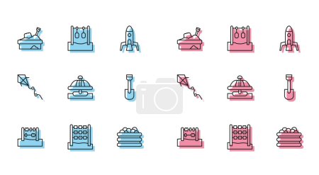 Illustration for Set line Abacus, Tic tac toe game, Sandbox with sand, Pool balls, Attraction carousel, Shovel toy, Kite and Gymnastic rings icon. Vector - Royalty Free Image