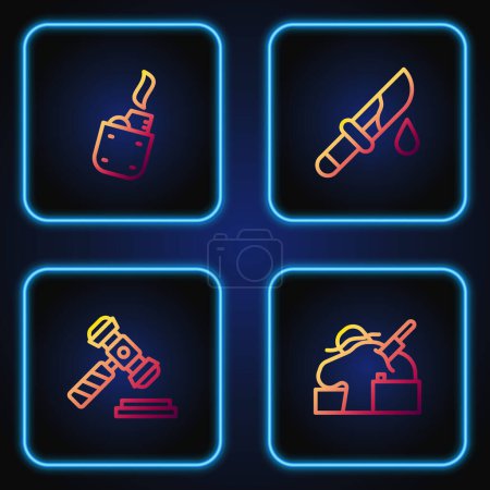 Illustration for Set line Murder, Judge gavel, Lighter and Bloody knife. Gradient color icons. Vector - Royalty Free Image