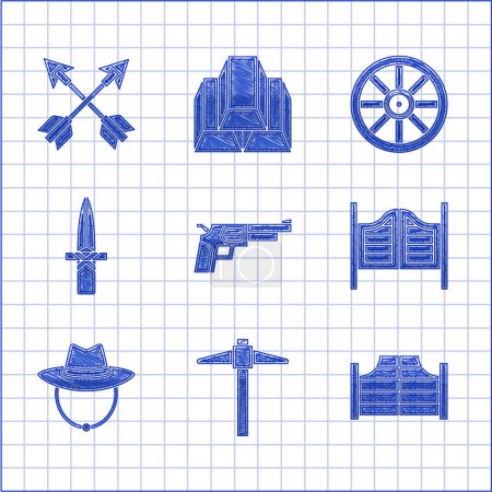 Illustration for Set Revolver gun, Pickaxe, Saloon door, Western cowboy hat, Dagger, Old wooden wheel and Crossed arrows icon. Vector - Royalty Free Image