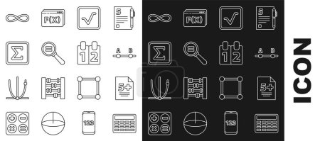 Illustration for Set line Chalkboard, Calculator, Test exam sheet, Open book, Paper clip, Geometric figure Square, Function mathematical symbol and Mathematics function cosine icon. Vector - Royalty Free Image