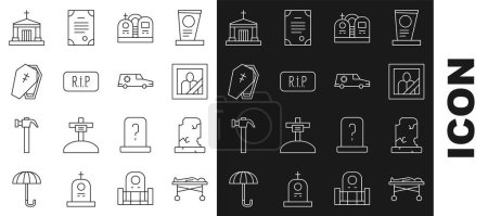 Illustration for Set line Dead body in the morgue, Old grave with tombstone, Mourning photo frame, Grave, Speech bubble rip death, Coffin cross, crypt and Hearse car icon. Vector - Royalty Free Image