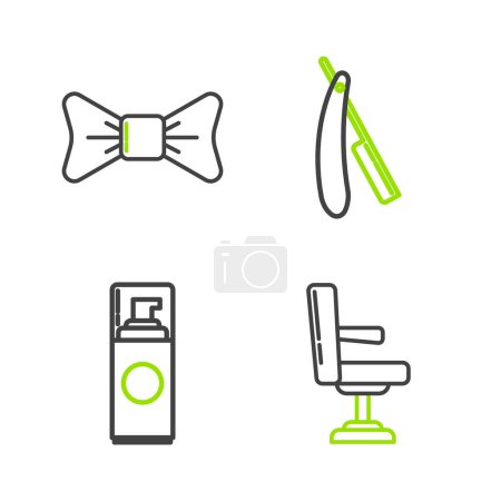 Illustration for Set line Barbershop chair, Shaving gel foam, Straight razor and Bow tie icon. Vector - Royalty Free Image