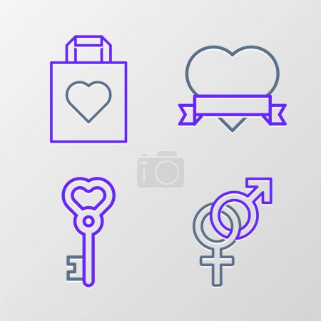 Set line Gender, Key in heart shape, Heart and ribbon and Shopping bag with icon. Vector