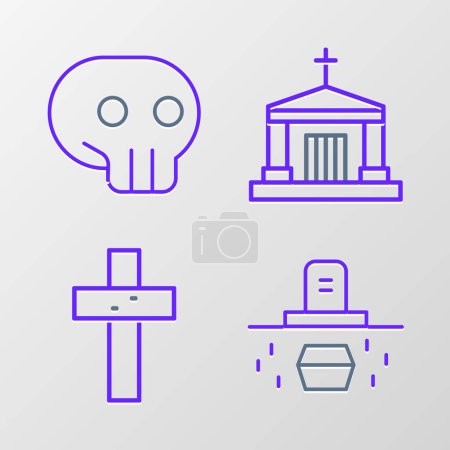 Illustration for Set line Grave with coffin, Christian cross, Old crypt and Skull icon. Vector - Royalty Free Image