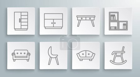 Illustration for Set line Sofa, Wardrobe, Armchair, Office desk, Shelf with books and  icon. Vector - Royalty Free Image