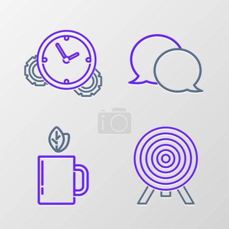 Set line Target, Cup of tea and leaf, Speech bubble chat and Time Management icon. Vector