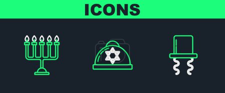 Téléchargez les illustrations : Fixer la ligne chapeau juif orthodoxe avec sidelocks, Hanoukka menorah et kippah juive étoile de l'icône de David. Vecteur - en licence libre de droit