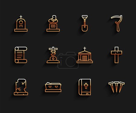 Illustration for Set line Old grave with tombstone, Coffin dead, Grave, Holy bible book, Metallic nails, cross, Christian and crypt icon. Vector - Royalty Free Image