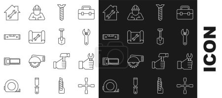 Illustration for Set line Wheel wrench, Wrench spanner, Adjustable, Metallic screw, Graphing paper and, Construction bubble level, House repair and Shovel icon. Vector - Royalty Free Image