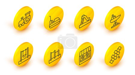 Illustration for Set line Hopscotch, Shooting gallery, Horizontal bar, Swing, boat, Kid slide, Bumper car and Toy train icon. Vector - Royalty Free Image