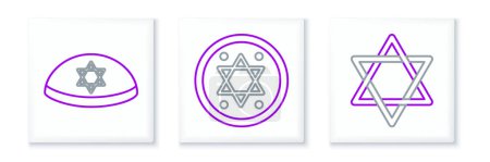 Téléchargez les illustrations : Set line Étoile de David, kippah juif avec étoile David et icône de pièce. Vecteur - en licence libre de droit