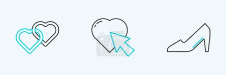 Illustration for Set line Woman shoe, Two Linked Hearts and and cursor click icon. Vector - Royalty Free Image