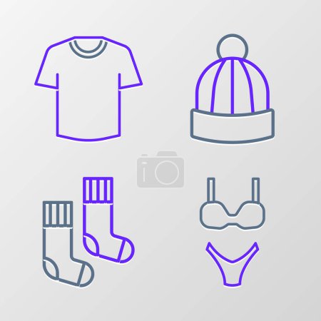Illustration for Set line Swimsuit, Socks, Winter hat and T-shirt icon. Vector - Royalty Free Image