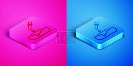 Illustration for Isometric line Petri dish with pipette icon isolated on pink and blue background. Square button. Vector. - Royalty Free Image