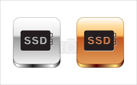 Icono de tarjeta SSD negro aislado sobre fondo blanco. Señal de estado sólido. Símbolo disco de almacenamiento. Botones cuadrados de plata y oro. Vector.