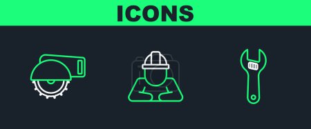 Illustration for Set line Adjustable wrench Electric circular saw and Builder icon. Vector. - Royalty Free Image