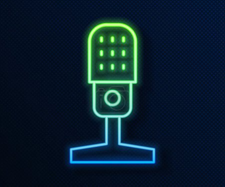 Glowing neon line Microphone icon isolated on blue background. On air radio mic microphone. Speaker sign.  Vector