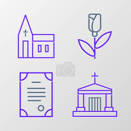 Illustration for Set line Old crypt, Death certificate, Flower rose and Church building icon. Vector - Royalty Free Image