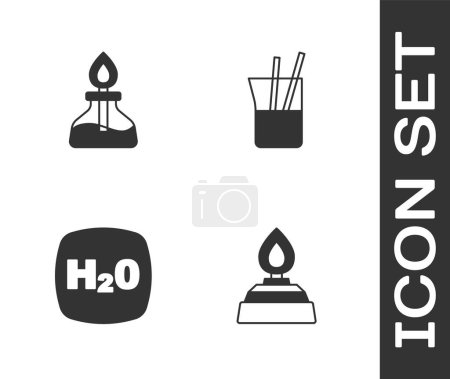 Illustration for Set Alcohol or spirit burner, Chemical formula H2O and Laboratory glassware icon. Vector - Royalty Free Image