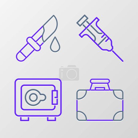 Ilustración de Set line Maletín y dinero, caja fuerte, jeringa y cuchillo sangriento icono. Vector - Imagen libre de derechos