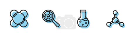 Illustration for Set line Test tube, Molecule, Microorganisms under magnifier and  icon. Vector - Royalty Free Image