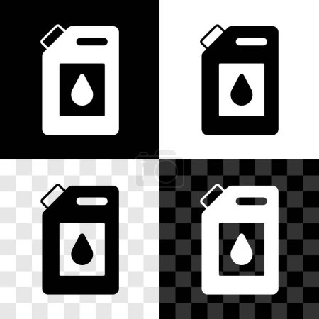 Illustration for Set Canister for motor machine oil icon isolated on black and white, transparent background. Oil gallon. Oil change service and repair. Engine oil sign.  Vector. - Royalty Free Image